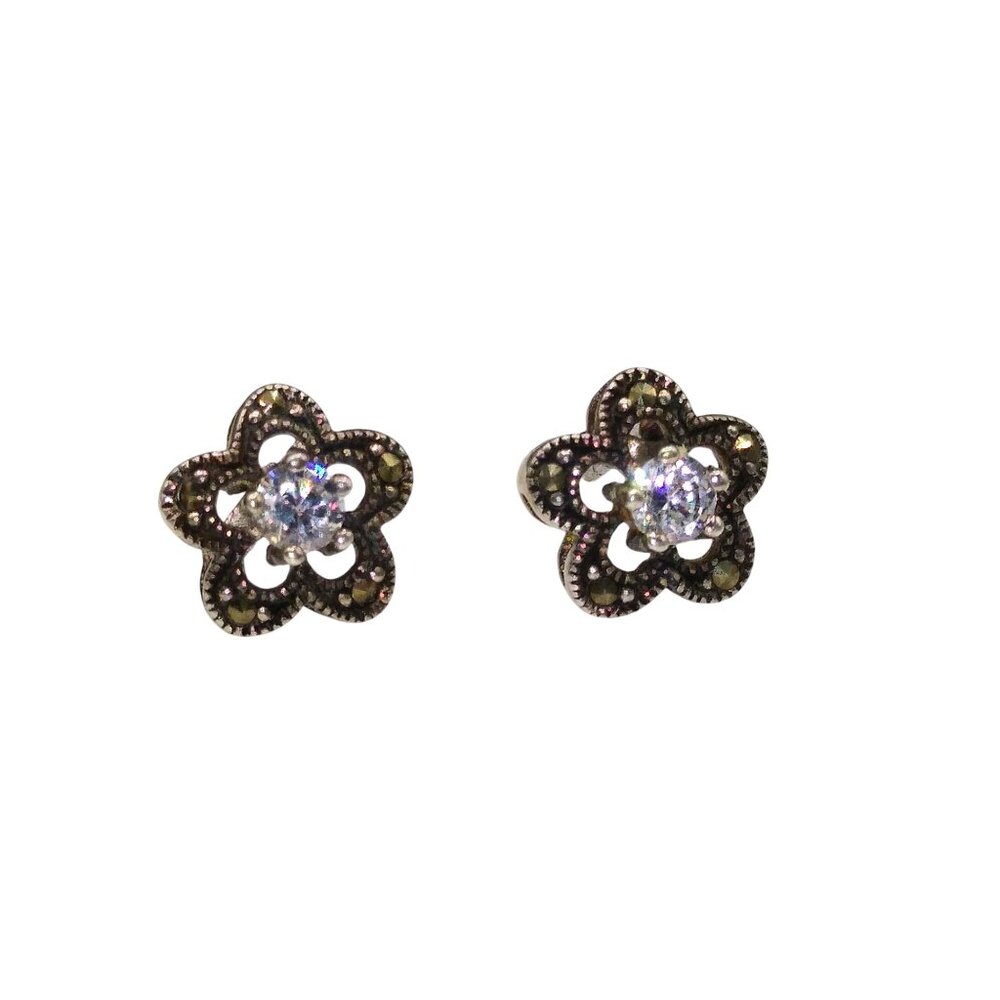 Vintage ATT Thai Silver Stud Earrings with CZ Solitaire in Marcasite Floral Halo